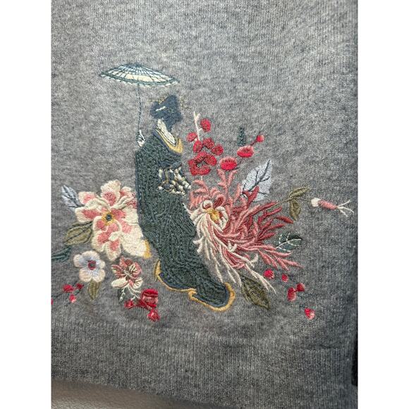 Johnny Was Cashmere Sweater Embroidered Geisha Gray Size S - Picture 4 of 12